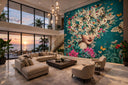 Mixed media collage mural by Dave Krovblit installed in a hotel lobby, creating a bold, immersive focal point with layered cultural imagery.