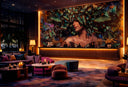 Mixed media collage mural by Dave Krovblit installed in a hotel lobby, creating a bold, immersive focal point with layered cultural imagery.